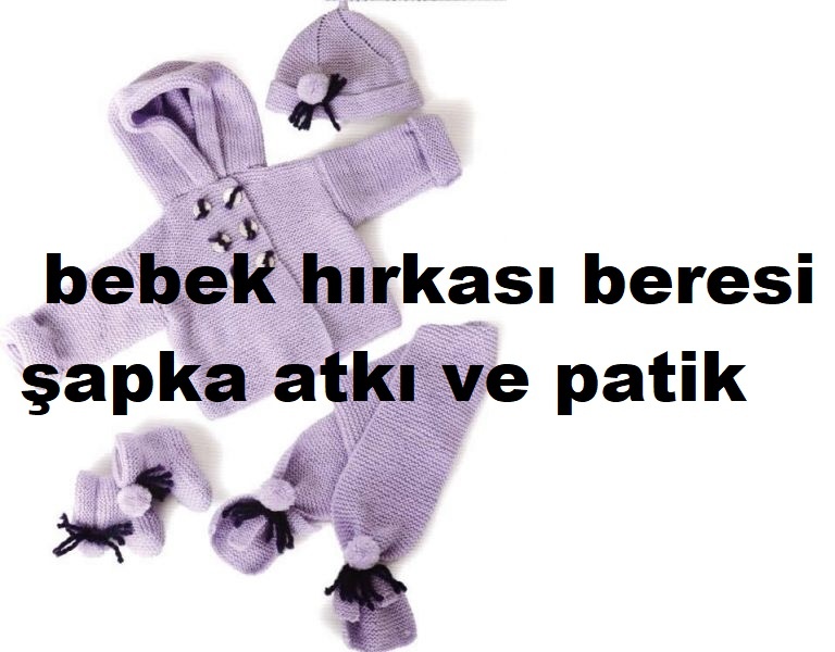 Haroşadan lila bebek hırkası beresi şapka atkı ve patik