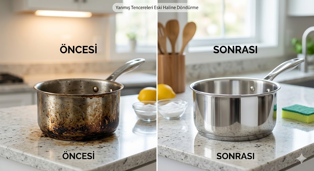 Yanmış tencere temizleme yöntemleri öncesi sonrası
