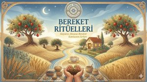 Hayat Örgüsü web sitesi için Bereket Ritüelleri konseptli, nar ağaçlı ve huzurlu ev manzaralı illüstrasyon."