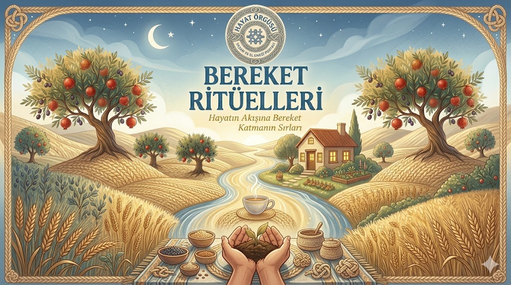 Hayat Örgüsü web sitesi için Bereket Ritüelleri konseptli, nar ağaçlı ve huzurlu ev manzaralı illüstrasyon."