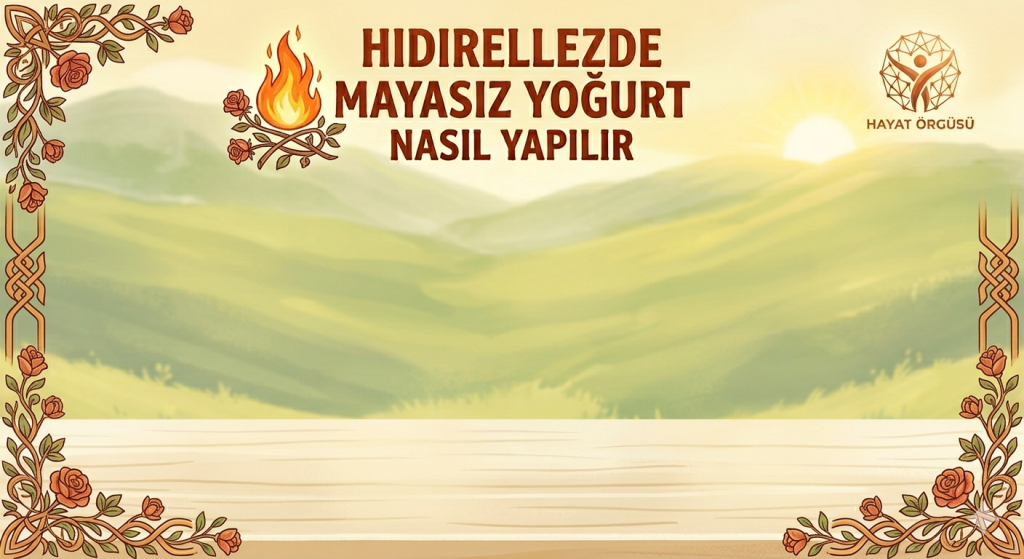 Hıdırellez geleneğine uygun, ateş ve gül desenli mayasız yoğurt hazırlama başlığı ve logo - Hayat Örgüsü