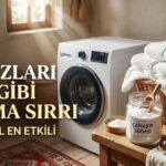 Text) Bir çamaşır sepeti dolusu beyaz çamaşır, modern bir çamaşır makinesi ve masada çamaşır sodası ile sıvı arap sabunu kavanozları. Üzerinde "Hayat Örgüsü" logosu ve "Beyazları Kar Gibi Yapma Sırrı" yazıyor.