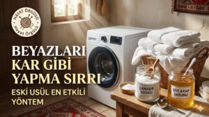 Text) Bir çamaşır sepeti dolusu beyaz çamaşır, modern bir çamaşır makinesi ve masada çamaşır sodası ile sıvı arap sabunu kavanozları. Üzerinde "Hayat Örgüsü" logosu ve "Beyazları Kar Gibi Yapma Sırrı" yazıyor.