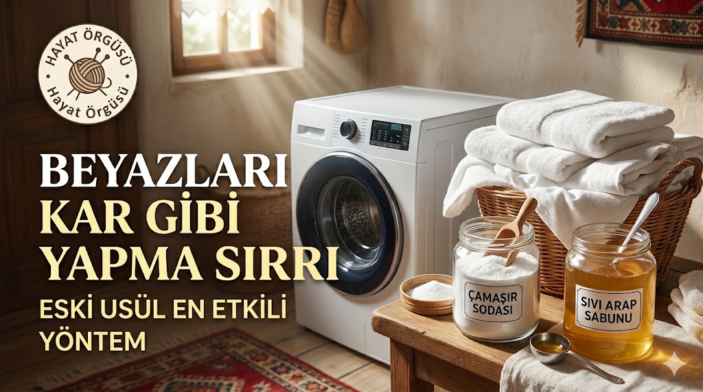 Text) Bir çamaşır sepeti dolusu beyaz çamaşır, modern bir çamaşır makinesi ve masada çamaşır sodası ile sıvı arap sabunu kavanozları. Üzerinde "Hayat Örgüsü" logosu ve "Beyazları Kar Gibi Yapma Sırrı" yazıyor.