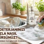 Mutfak lavabosunda bol köpüklü bulaşıklar, elinde süngerle tabak yıkanması, masada kaya tuzu ve sirke şişesi. Hayat Örgüsü