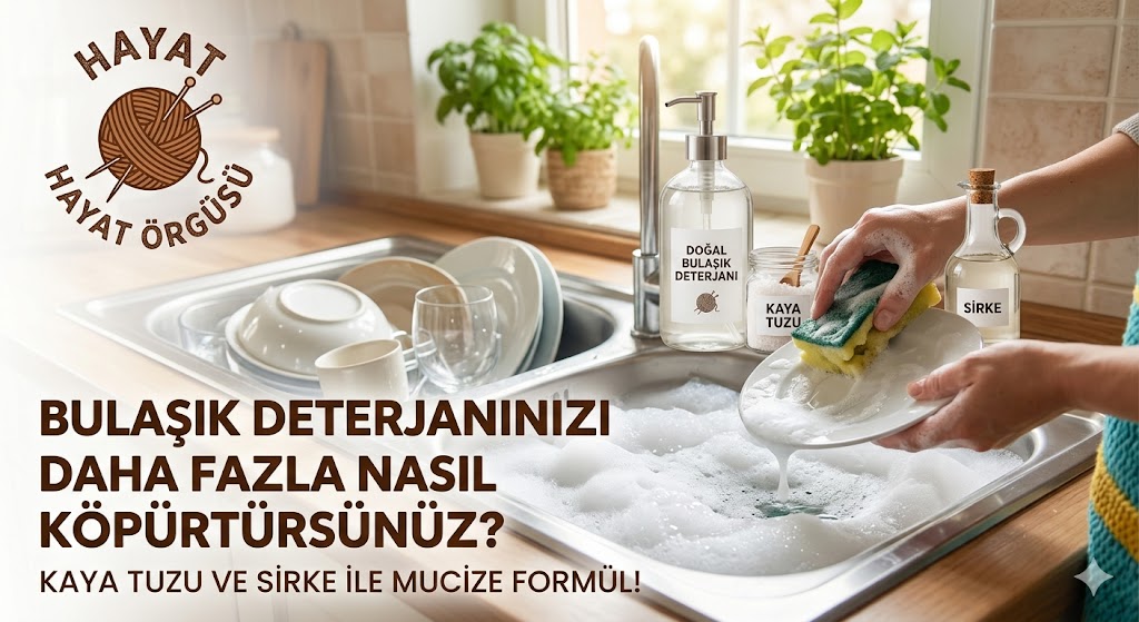 Mutfak lavabosunda bol köpüklü bulaşıklar, elinde süngerle tabak yıkanması, masada kaya tuzu ve sirke şişesi. Hayat Örgüsü