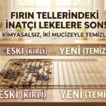 Bir mutfak tezgahı üzerinde fırın telinin kirli ve temiz hali. Sol tarafta yanmış yağlı teller, sağ tarafta parlayan temiz teller ve yanında karbonat, sirke kavanozları.