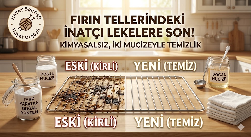 Bir mutfak tezgahı üzerinde fırın telinin kirli ve temiz hali. Sol tarafta yanmış yağlı teller, sağ tarafta parlayan temiz teller ve yanında karbonat, sirke kavanozları.