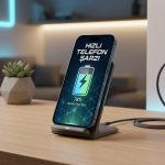 Modern bir masada hızlı şarj olan akıllı telefon ve şarj adaptörü illüstrasyonu.