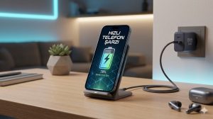Modern bir masada hızlı şarj olan akıllı telefon ve şarj adaptörü illüstrasyonu.