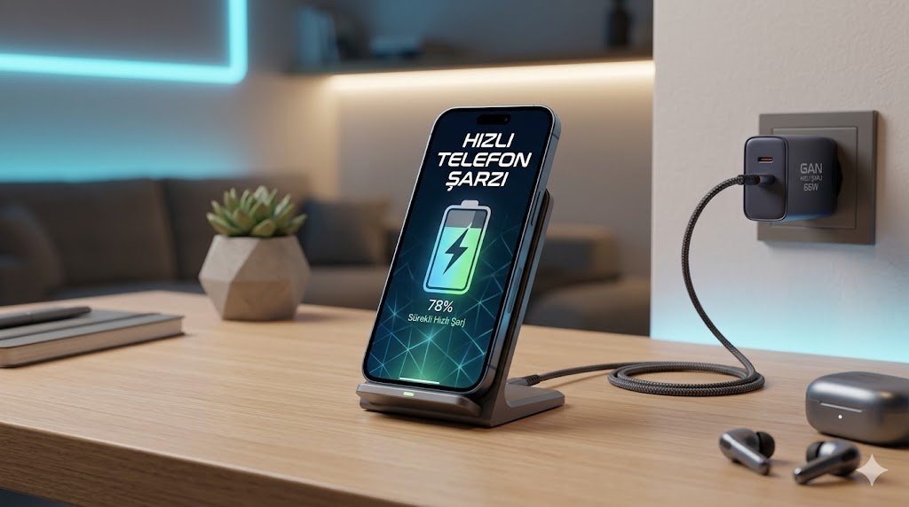 Modern bir masada hızlı şarj olan akıllı telefon ve şarj adaptörü illüstrasyonu.