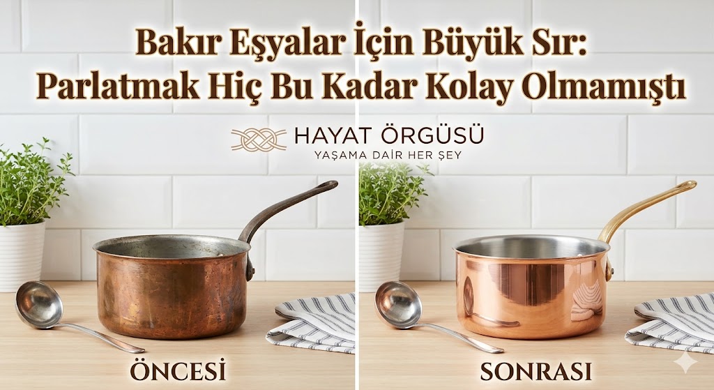Kararmış bakır cezvenin ketçap ile parlatılmadan önceki ve sonraki hali karşılaştırması