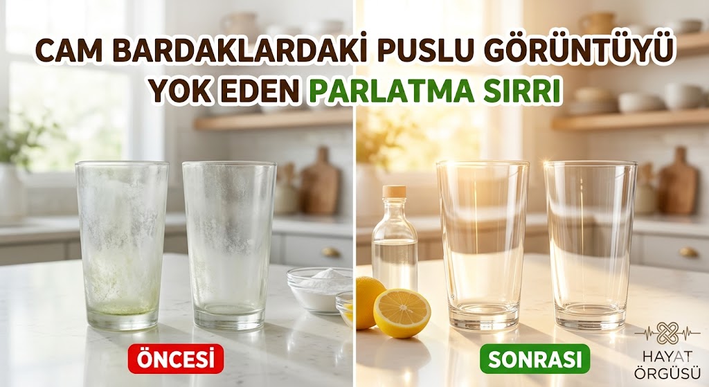 Cam bardaklardaki puslu ve mat görüntüyü yok eden doğal parlatma yöntemi öncesi sonrası görseli