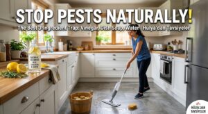 A woman mopping a clean kitchen floor with a natural peppermint oil cleaning solution to repel ants and spiders.