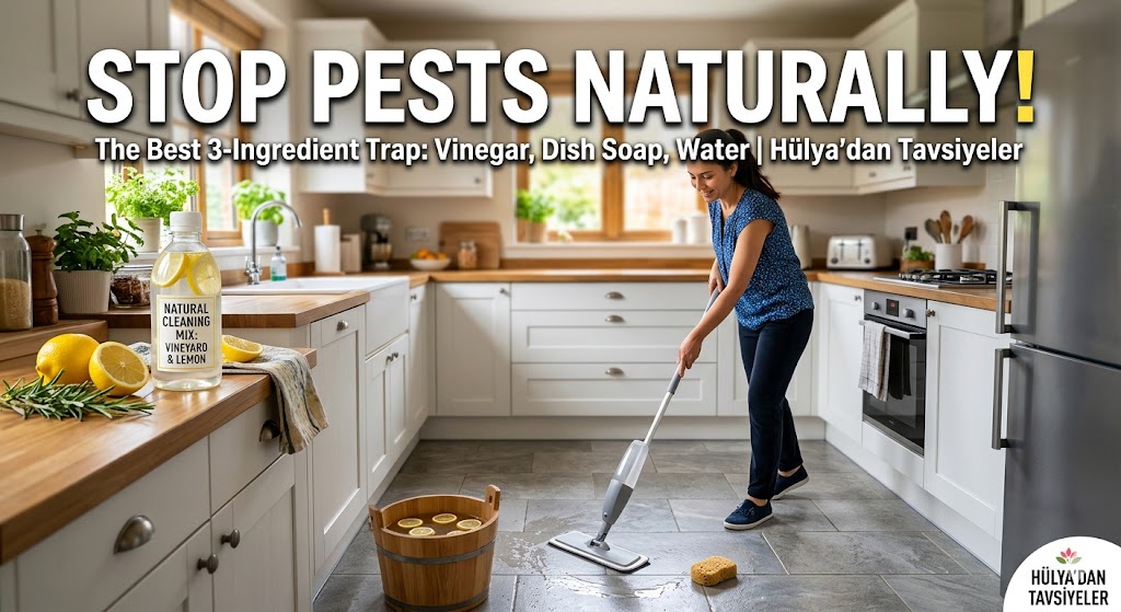 A woman mopping a clean kitchen floor with a natural peppermint oil cleaning solution to repel ants and spiders.