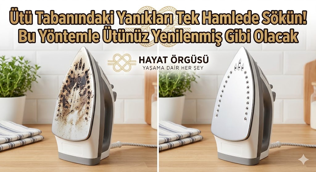Ütü tabanındaki yanık lekelerini parol ile temizleme yöntemi, öncesi ve sonrası