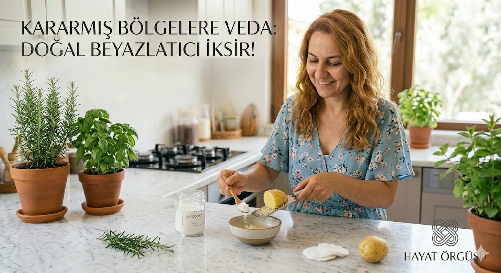 Keten tohumu jeli ve zerdeçal ile ev yapımı doğal botoks ve leke silici maske hazırlayan kadın, Hayat Örgüsü cilt bakım önerileri.