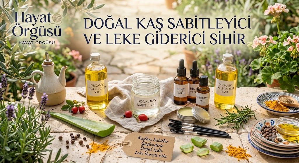 "Ev yapımı doğal aloe vera ve hint yağı içerikli kaş sabitleyici uygulaması.