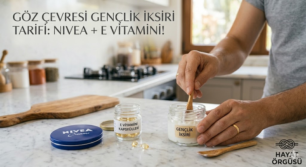 Mavi kutu Nivea ve E vitamini ile hazırlanan ev yapımı göz çevresi bakım kremi uygulaması."