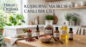 Ev yapımı doğal kuşburnu tozu, yoğurt ve bal ile C vitamini deposu yüz maskesi uygulaması."