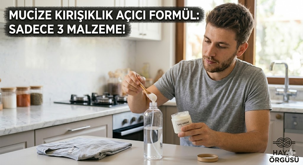 Sprey şişesiyle kıyafete doğal kırışıklık açıcı karışım uygulayan bir kadın.