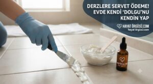 Beyaz kil, mısır nişastası ve gliserin ile hazırlanan ev yapımı doğal derz dolgu macunu uygulaması.