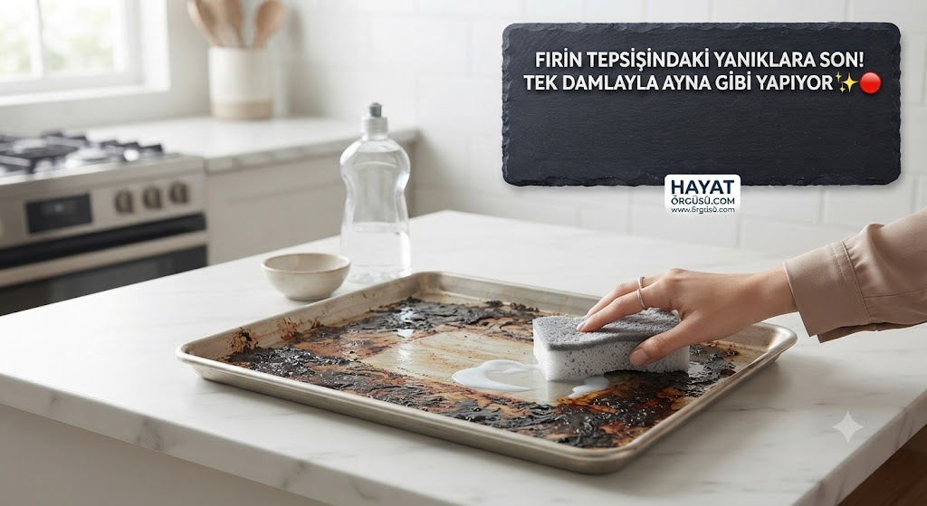 Fırın tepsisindeki yanık lekelerine bulaşık parlatıcısı dökme ve süngerle temizleme anı