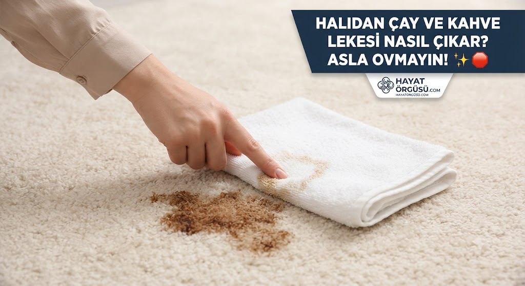 Blotting and cleaning a tea and coffee stain on a carpet using a white cloth and a special cleaning mixture