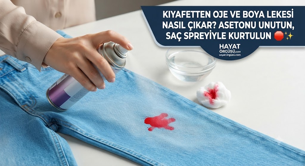 Kıyafet üzerindeki oje lekesine saç spreyi sıkma ve temizleme aşaması