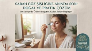 Buzdolabında soğutulmuş kaşık ile göz çevresine uygulanan ödem dağıtıcı masaj yöntemi.