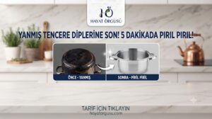 Yanmış tencere dibinin temizlenmiş hali, öncesi ve sonrası karşılaştırması"